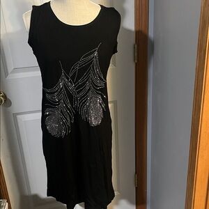 Chic Black Dress with Silver Feather Accents